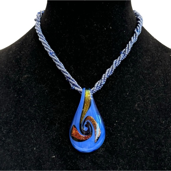 Art Glass Blue Hand Blown Glass Pendant With Seed Bead Multi-Strand Necklace - Picture 1 of 16